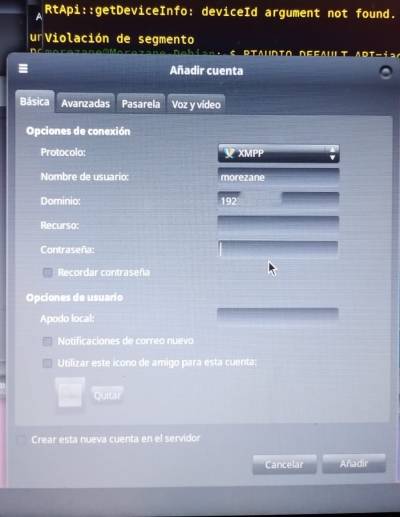 Parámetros de cuenta XMPP en Pidgin